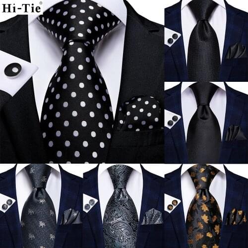 Black Solid Dot Silk Wedding Tie For Men Hanky Cufflink Gift Men Necktie Gravata Set Fashion Business Dropshipping Hi-tie Design