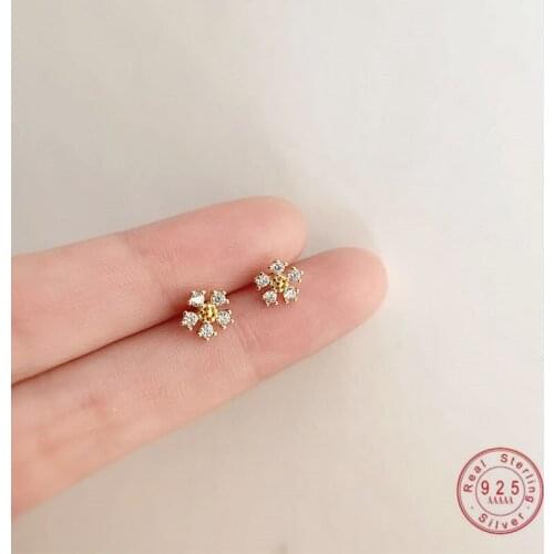 HI MAN 925 Sterling Silver Real Gold Plating 14K Gold Korean Crystal Flower Stud Earrings Women Small Simple Party Jewelry