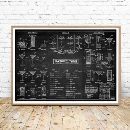 Cocktail Chart Wall Art Prints And Poster Bartender Gift Cocktail Recipe Canvas Painting Wall Picture Bar Pub Alcohol Art Decor