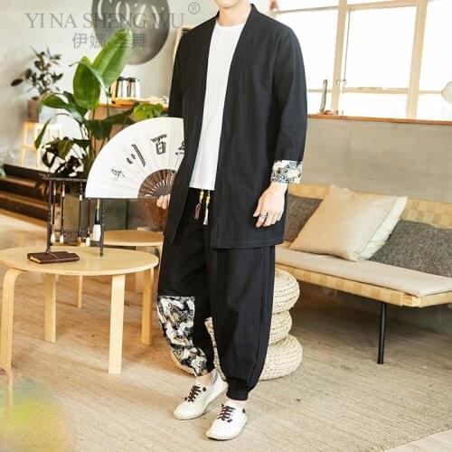 Japanese Kimono Clothing Printed Crane Men Chinese Style Uniform Robe Set Haori Top Cardigan Harem Pants Wide Leg Trousers Set