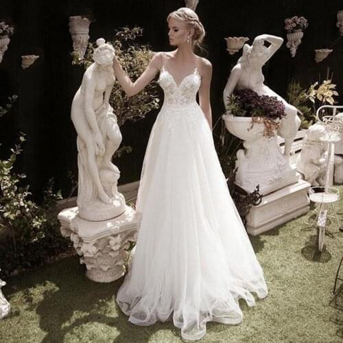 Real Wedding Dress Boho V-Neck Appliques A-Line Custom Made Lace Wedding Gowns White Bride Dresses vestido de noiva