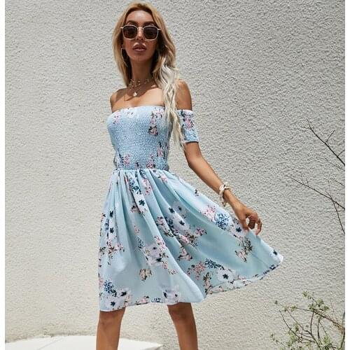 New summer 2021 Europe and America sexy wind one word shoulder waist print dress MX