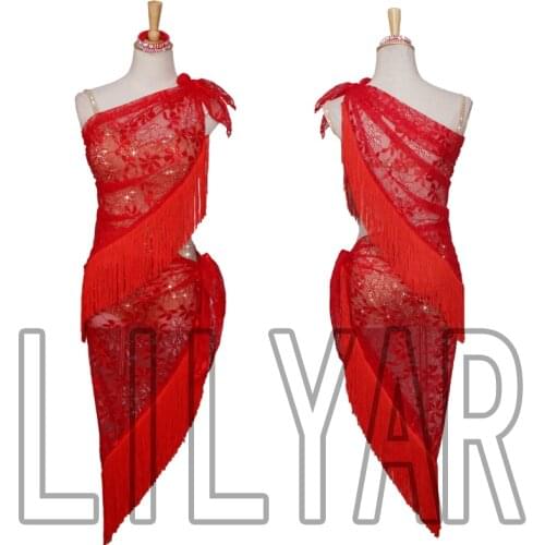 New Latin Dance Costume competition costume show Costume Adult Red custom scarf and Jumpsuit