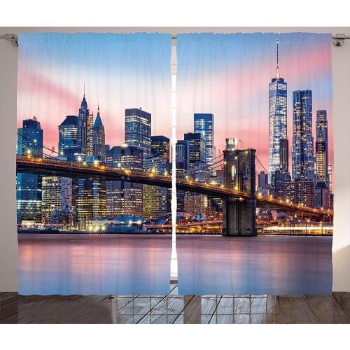 New York Curtains Brooklyn Bridge and Lower Manhattan Skyline Under Pink Sunrise Long Exposure Living Room Bedroom Window Drapes