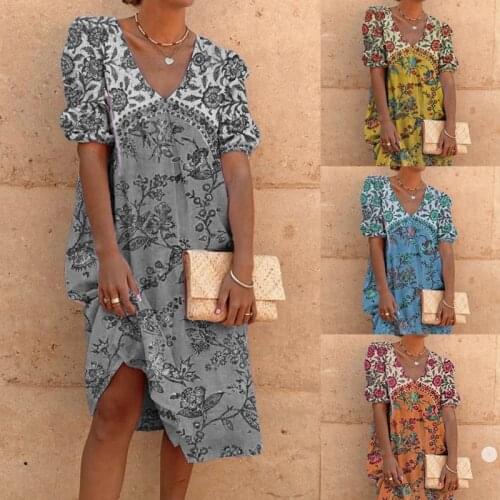Puff Short Sleeve Casual Loose Mid-Calf Women Long Dress Vintage Print 2021 Summer New V-neck Sexy Office Lady Female Dresses