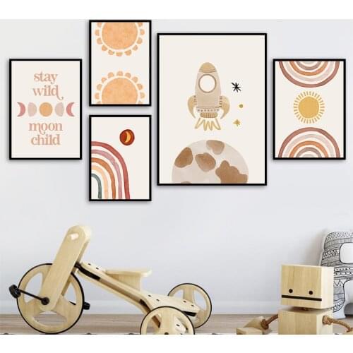 Rocket Earth Fox Moon Rainbow Moon Cartoon Wall Art Canvas Painting Nordic Posters And Prints Wall Pictures Baby Kids Room Decor