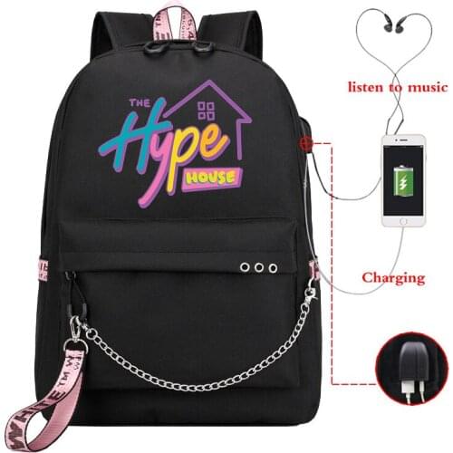 Mochila 2020 The Hype House Printed Usb Charge Backpack Women Laptop Bagpack 90s Bagpack Travel Backpacks Pink Black School Bags