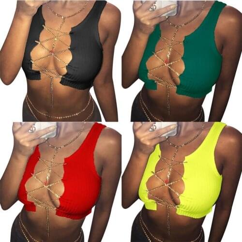 Sexy Women Sleeveless Adjustable Chain Hollow Out Cropped T-shirt Vest Brassiere