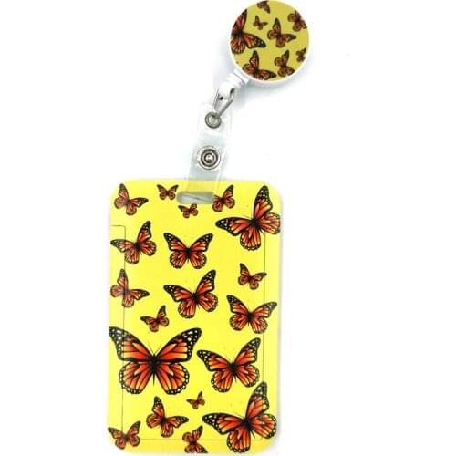 Yellow Monarch Butterfly Cartoon Cute Credit Card Holder Lanyard Women Men Kid Student Retractable Badge Reel ID Name Bus Clips