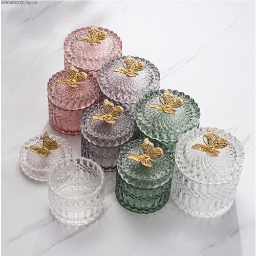 Golden Butterfly Glass Bottle Sugar Bowl Jewelry Storage Box Household Cotton Swab Box Storage Jar Desktop Decoration Decoration