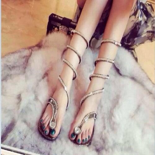 European snake-shaped winding rhinestone snake-shaped shiny Roman sandals with flat heel sandals