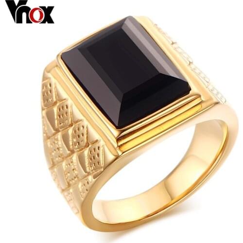 Vnox Men Black Stone Signet Rings Stylish Rhombus Design Male Ring Gifts Jewelry