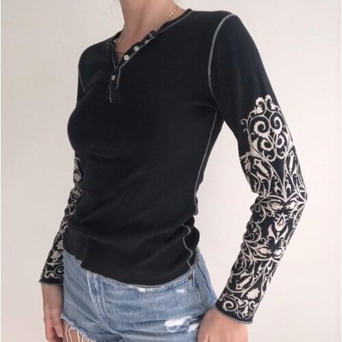 Fairy Grunge Floral Black Graphic T-shirt Autumn Long Sleeve Pullovers Tees Shirt Y2K Harajuku Women Vintage Crop Top Clothes