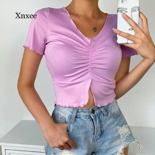 Purple Folds Split Short Sleeve Tee Casual Slim Cropped Top V Neck t Shirt Summer Women Shirts Female Sweet Soft Y2K Tank Vest