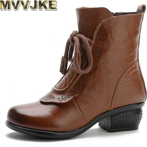 MVVJKE Cowhide Low-Heeled Soft-Soled Womens Boots Folk Style Retro Leather Martin Boots Warm And Comfortable Cotton Shoes