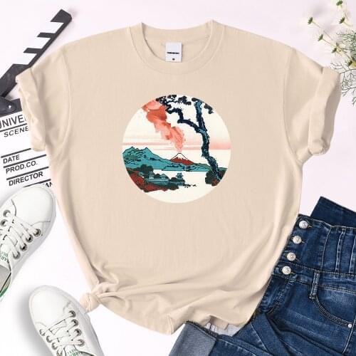 WomenS Tee Shirts Mount Fuji With Eruption Cartoon Print Tops Famale Oversize Funny O-Neck Tees Female Loose Slim Soft T Shirts