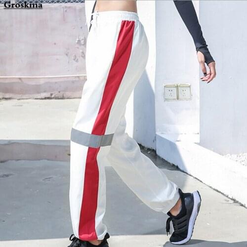Autumn outdoor sports running pants women personality reflective stripe loose jogging pants womens fitness gym training trousers