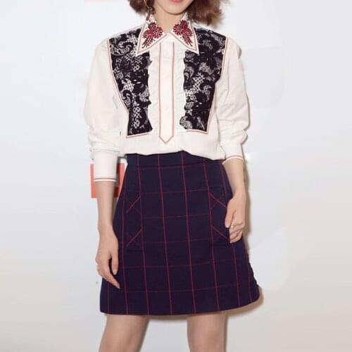 Latest 2021 High-quality designer runway womens Long sleeve Ruffles Lace Embroidery Shirt Plaid Half skirt suit set