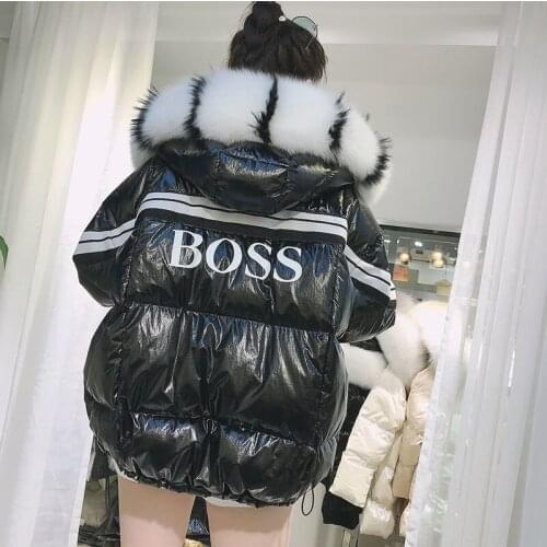 Winter women coat 2021new fashion down jacket Pattern of letters hooded with real fox fur collar thick warm coats parka real fur