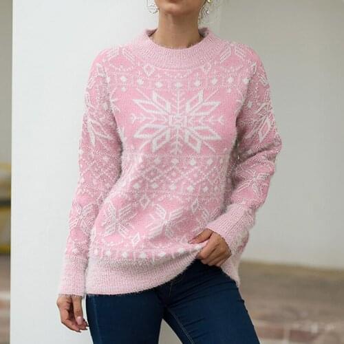 Female Christmas Sweater Trendy Snowflake Print Pullover 2020 Autumn Winter Warm Soft Long Sleeve Knitwear O-Neck Knitted Jumper