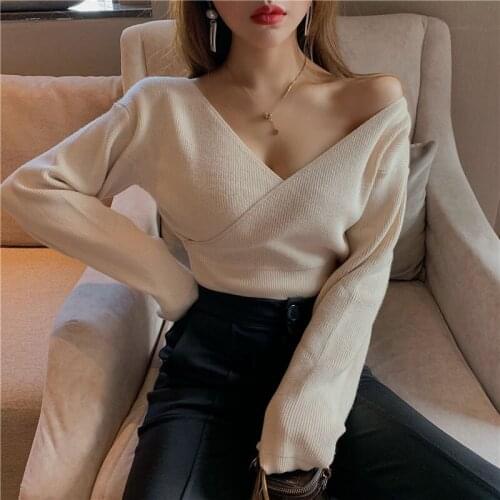 V-Neck Womens Sweaters Autumn Winter Bottoming Slim Female Jumper Casual Solid Bodycom Beige Grey Tops 2020 Fashion Sexy Cross