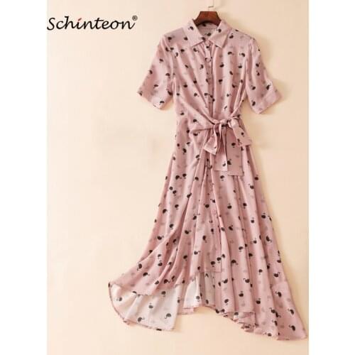 Schinteon New Women Floor-Length Dress 100% Real Silk Turn-Down Collar Sashes Elegant Elastic Waist Dresses Summer Pink