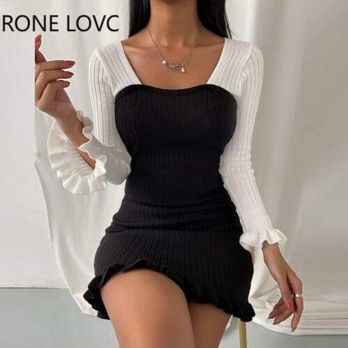 Women Frill Hem Tied Back Knit Bodycon Dress