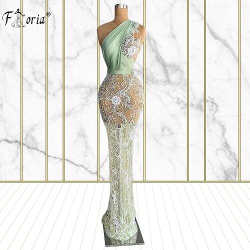 Illusion Beading Green Mermaid Evening Dress 2021 Sexy One Shoulder Floral Applique Prom Dresses Special Occasion robe de soiree