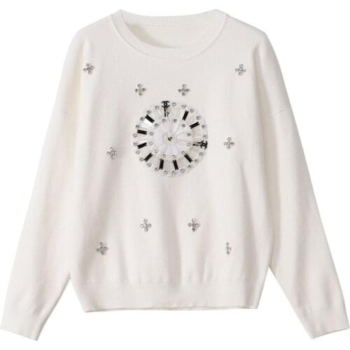 2021 Autumn New Knit Sweater Beading Ladies Elegant Sweaters Fashion Embroidery Pullover Womens Outfits Knitted Korean Clothes