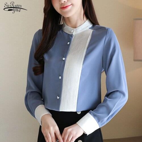 Blusas 2021 Women Tops and Blouse Long Sleeve Chiffon Shirts Tops Button Solid Blouses Office Lady Stand Korean Clothing 8020
