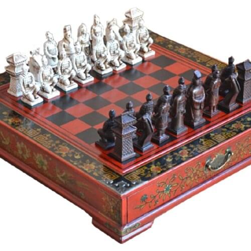 Wood Chess Chinese Retro Terracotta Warriors Chess Wood Do Old Carving Resin Chessman Christmas Birthday Premium Gift