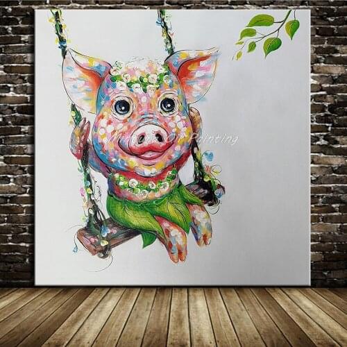 Mintura Original Hand Painted Piggy Oil Painting on Canvas Modern Abstract Pop Art Animal Wall Art Pictures For Kids Room Decor