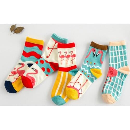 Fashion lady funny flamingo animal pattern socks kawaii cartoon image long cotton socks meia cute ladies socks
