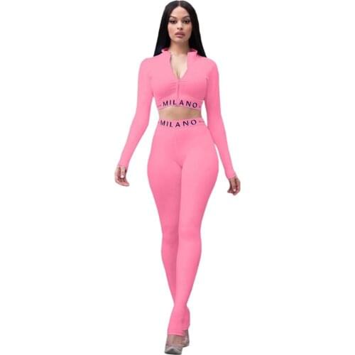 Fashion Letter Print Tracksuit Women Lounge wear Fitness Zipper Long Sleeve Crop Top + Pants Bodycon Two Piece Set Jogging Femme