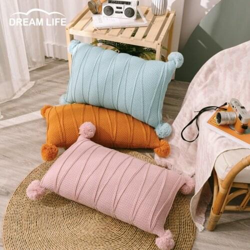 Pompoms Cushion Cover Rectangle Pink Blue Orange Pillow Case 30*50cm Soft Knit Home Decoration Pillow Cover for Living Room Sofa