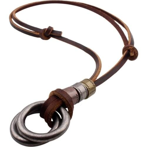 2019 top quality Cowhide leather cord necklace trendy 2 alloy round pendant delicate hotsale men jewelry christmas/birthday gift