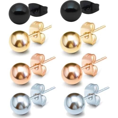Bten 1 Pair Stainless Steel Ear Post 2-8mm Stud Earrings For Men Women Jewelry Gold Black Rose Silver Color Ball Earrings