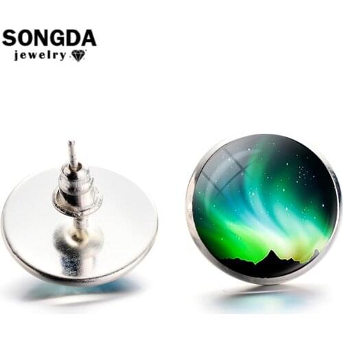 SONGDA 2019 New Unique Design Northern Lights Earrings Fashion Jewelry Aurora Printing Glass Round Stud Earrings Women Idea Gift