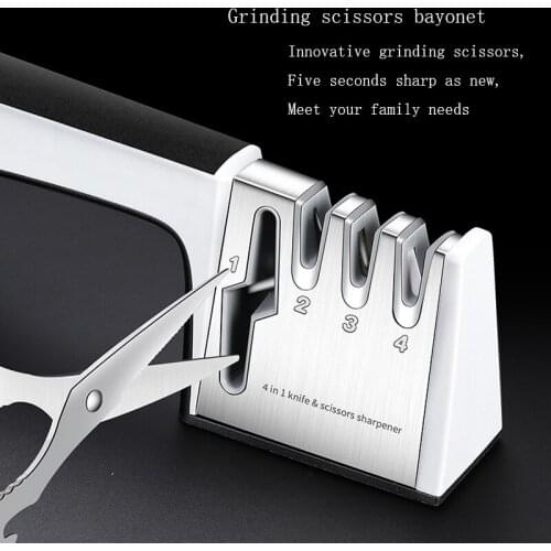 4 in 1 Knife Sharpener Diamond Coated Fine Ceramic Kitchen Knife Shears Scissors Sharpening Tools Non-slip Base Stainless Steel