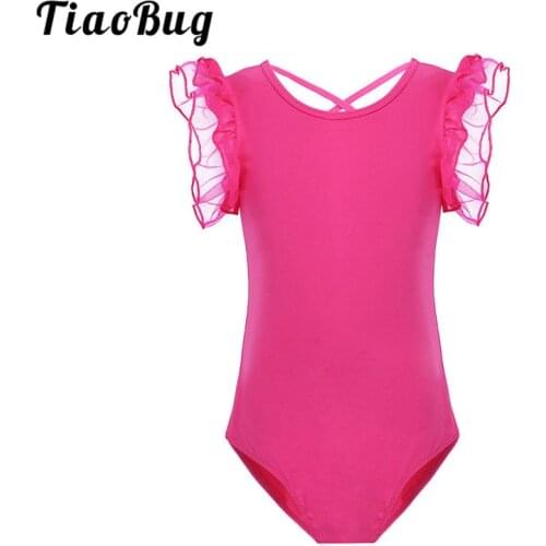 TiaoBug Girls Mesh Ruffle Sleeve Ballet Leotard Girls Professional Gymnastics Leotard Bodysuit Kids Practice Stage Dance Wear