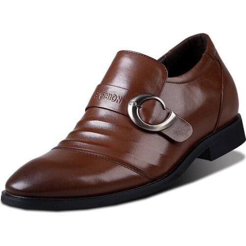 Mens Calf Leather Height Increasing Elevator Dress Shoes Grown Taller 6CM Slip-On Buckle Shoes for Wedding Business