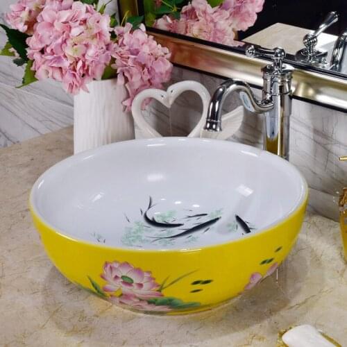 Fish Pattern round yellow washbasin Jingdezhen Art ceramic wash basin vessel Sinks Countertop Bathroom sinks ceramic wash basin