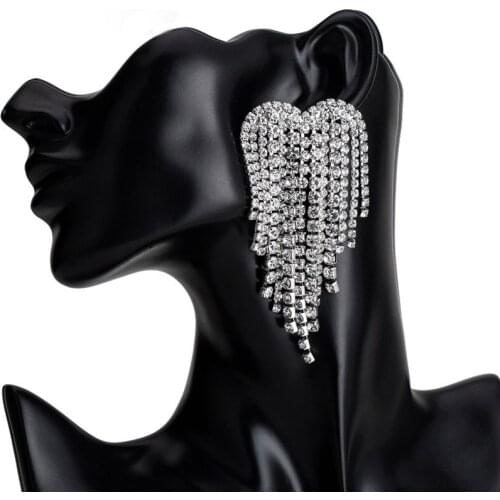 Farlena Jewelry long Heart Crystal Tassel Earrings for Women Wedding Party Accessory Fashion Rhinestones Bridal Dangle Earrings
