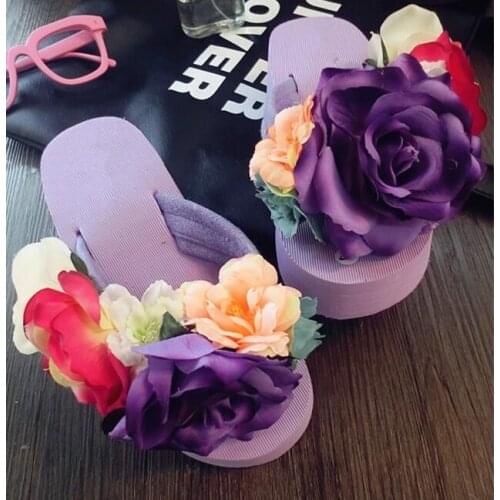 2017 Women Sandals Fashion Purple rose Flower Summer Sandals Wedges Flip Flops Platform Slippers Shoes Purple slippers