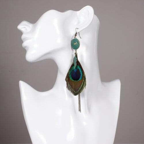 New Hot Ethnic Simple Retro Leaves Green Leaf Earrings Nature Stone Long Tassel Peacock Feather Earrings For Women Brincos 2020
