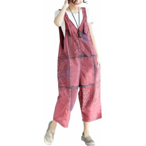 2019 Large size Spring Denim jumpsuit womens Bib pants Loose jeans overalls Washed print rompers playsuit big crotch pants G398