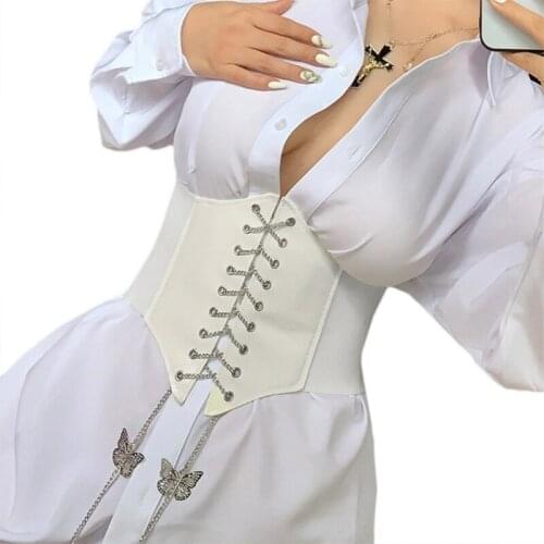 Womens Elastic Stretch Wide Band Corset Waist Belt European and American Metal Chain Fashion Slim Girdle Streetwear