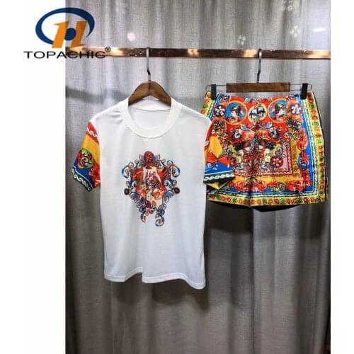 4.11 2021 Spring Summer High End New Women Fashion Vintage Beading Diamonds O-Neck Short Sleeve T-Shirt + Print Shorts Set