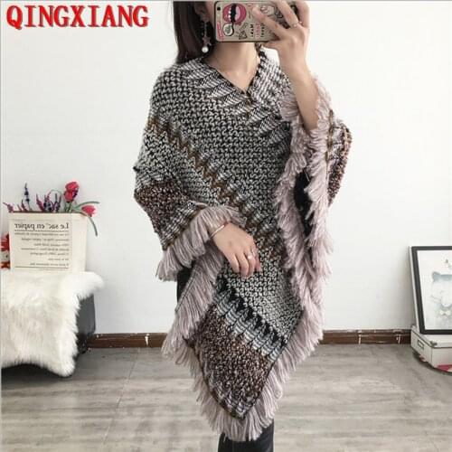 2020 Plus Size Women Striped Triangle Long Pullover V Neck Loose Sweater Autumn Outer Street Cloak Knitted Tassel Poncho