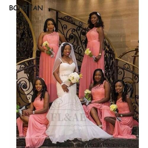 2021 Coral Bridesmaid Dresses A Line South African Chiffon Lace Up Back Black Girls Bridesmaid Dress